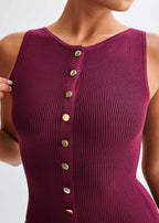 Rib Knit Sleeveless Button Front Flap Pocket Midi Dress