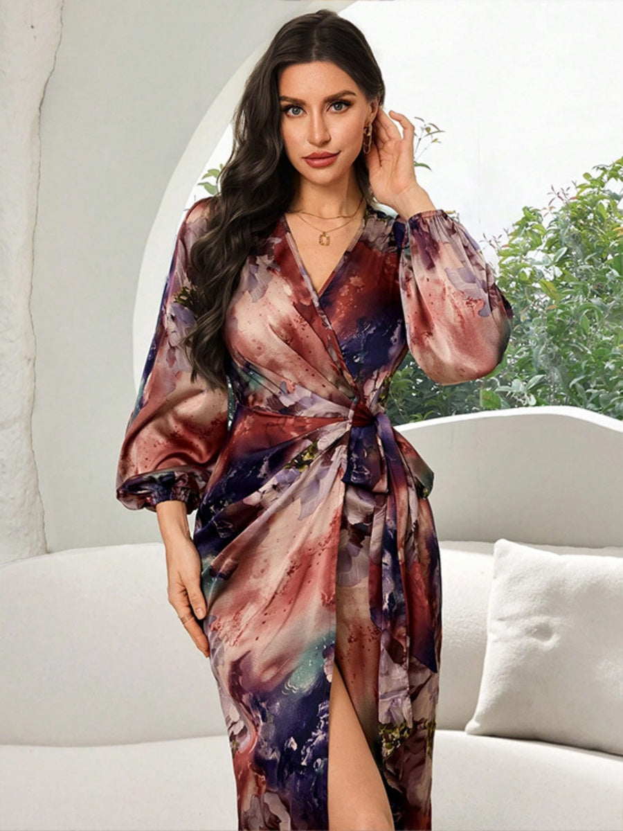 Printed V-neck Cardigan With Belt Midi Dresses