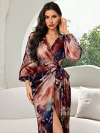 Printed V-neck Cardigan With Belt Midi Dresses