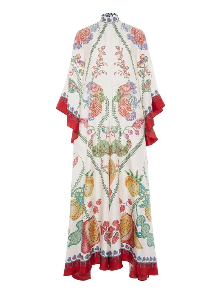 Floral Print Three-quarter Sleeve Stand Collar Long Dress