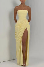Strapless Tube Ruched Slit Maxi Dress