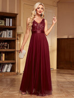 V-neck Embroidery Sequins Elegant Gauze Formal Dress Maxi Dresses