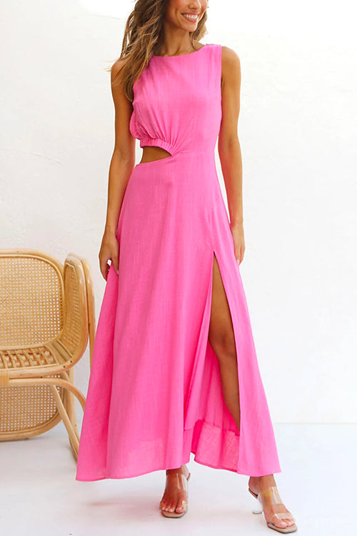 Sleeveless Cut Out Waist High Slit Maxi Swing Dress