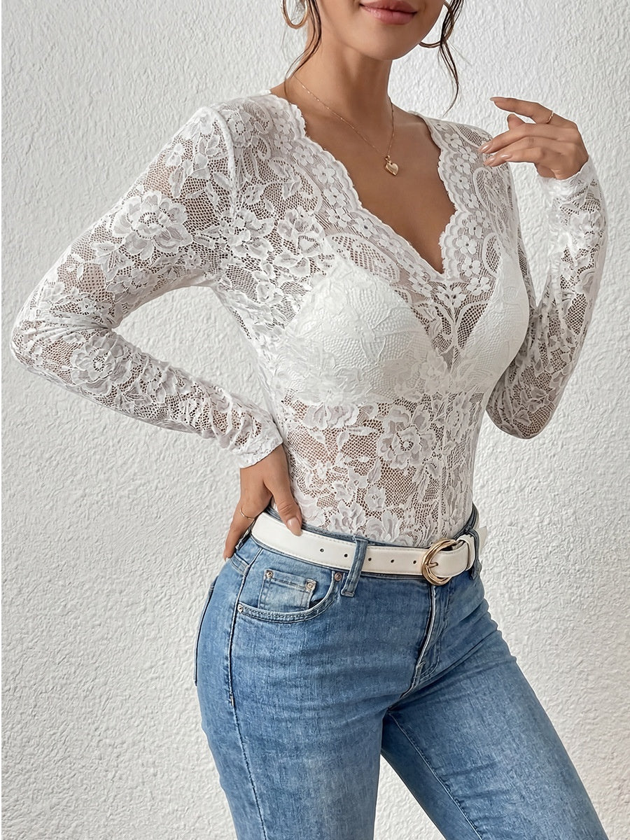 Lace-trimmed Long-sleeved Sheer Top
