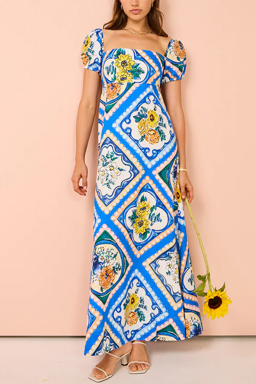 Square Collar Puff Sleeves High Waist Floral Print Maxi Dress