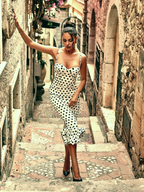 Polka Dot Fitted Ruched Skirt Midi Dress