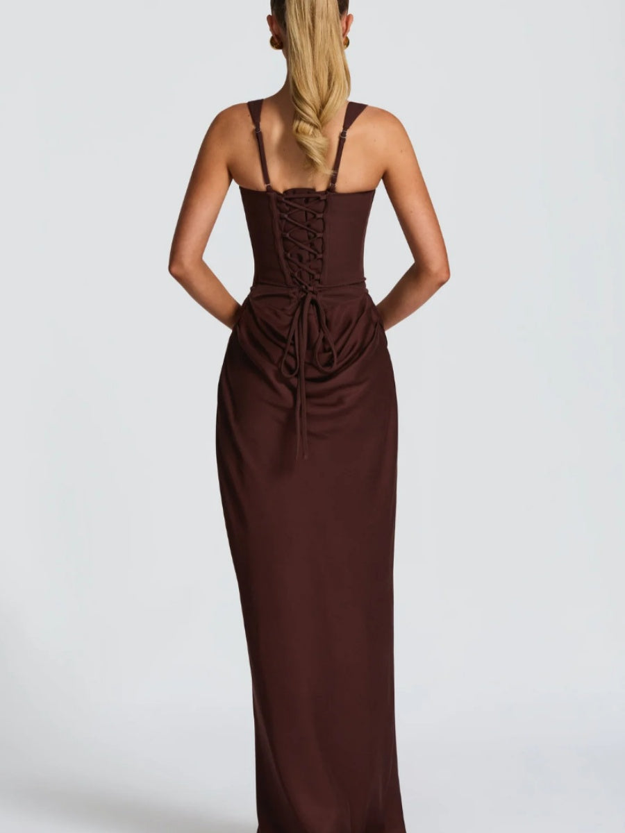 Fish Bones Waist Corset Pleated Camisoles Sleeveless Hip-hugging Maxi Dresses