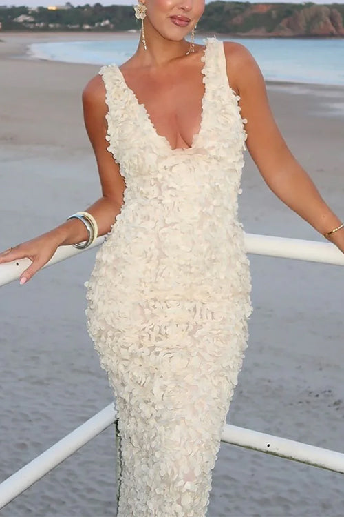 V Neck Plunge Rose Applique Bodycon Maxi Cami Dress