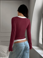 Faux Two-piece U-neck Halter Neck Long-sleeved T-shirt