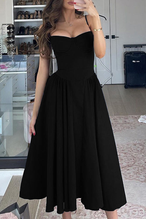Corset Bustier Spaghetti Strap Basque Waist Gathered Full Midi Dress