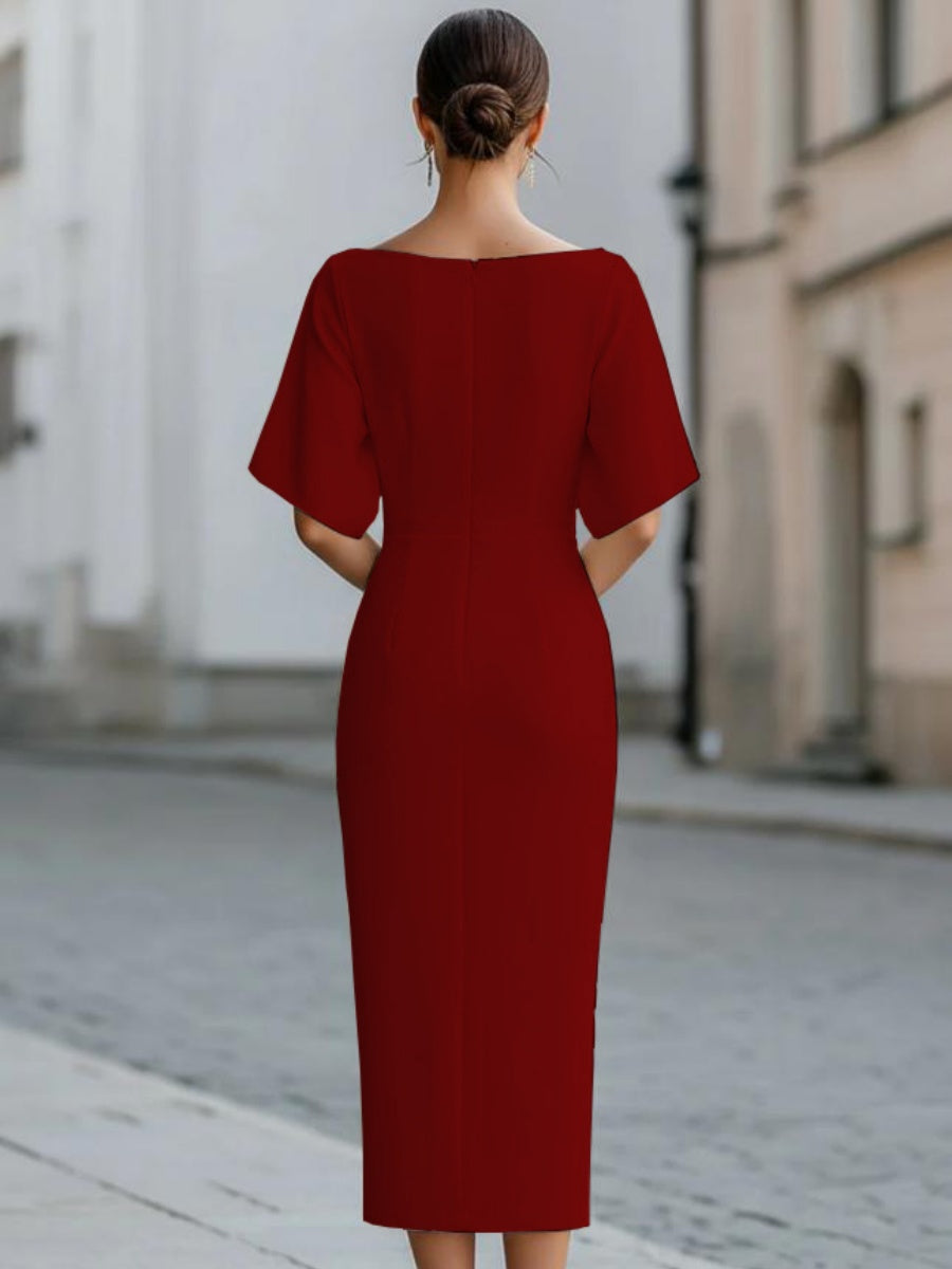 Grace One-shoulder Collar Mid-length Sleeves Slim-fit Midi Dresses