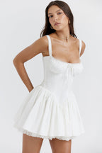 Sweetheart Lace Panel Smocked Side Corset Pleated Lace Hem Mini Dress