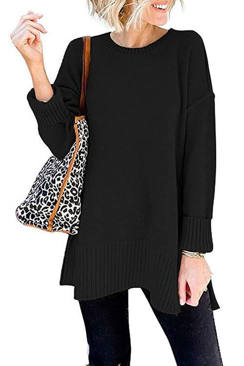 Side Split Ribbed Trim Loose Mid Sweater