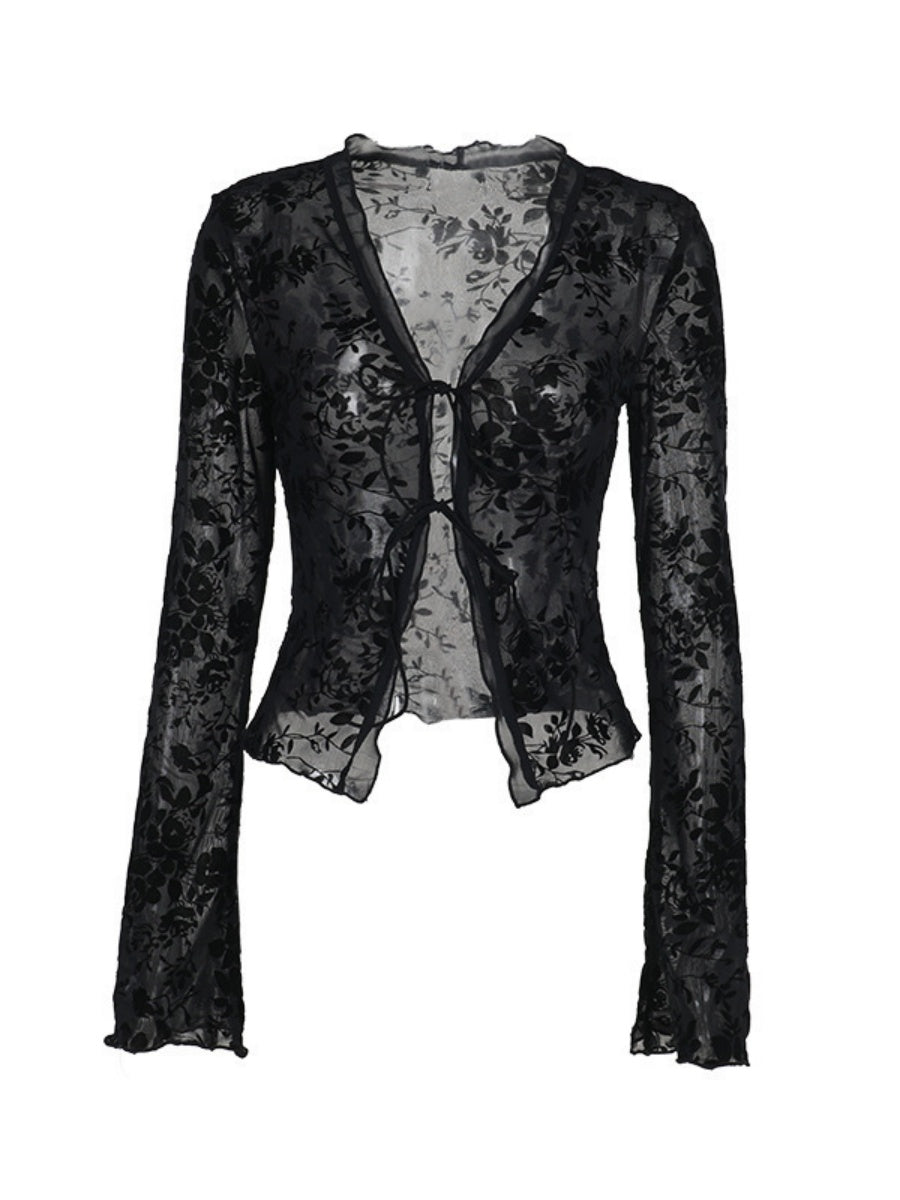 Deep V-neck Chiffon Burning Flowers Long Sleeve Designer Shirt