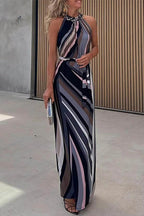 Sleeveless Tie Waist Color Block Striped Maxi Dress