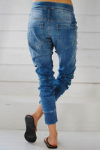Drawstring Waist Ruched Harem Denim Joggers