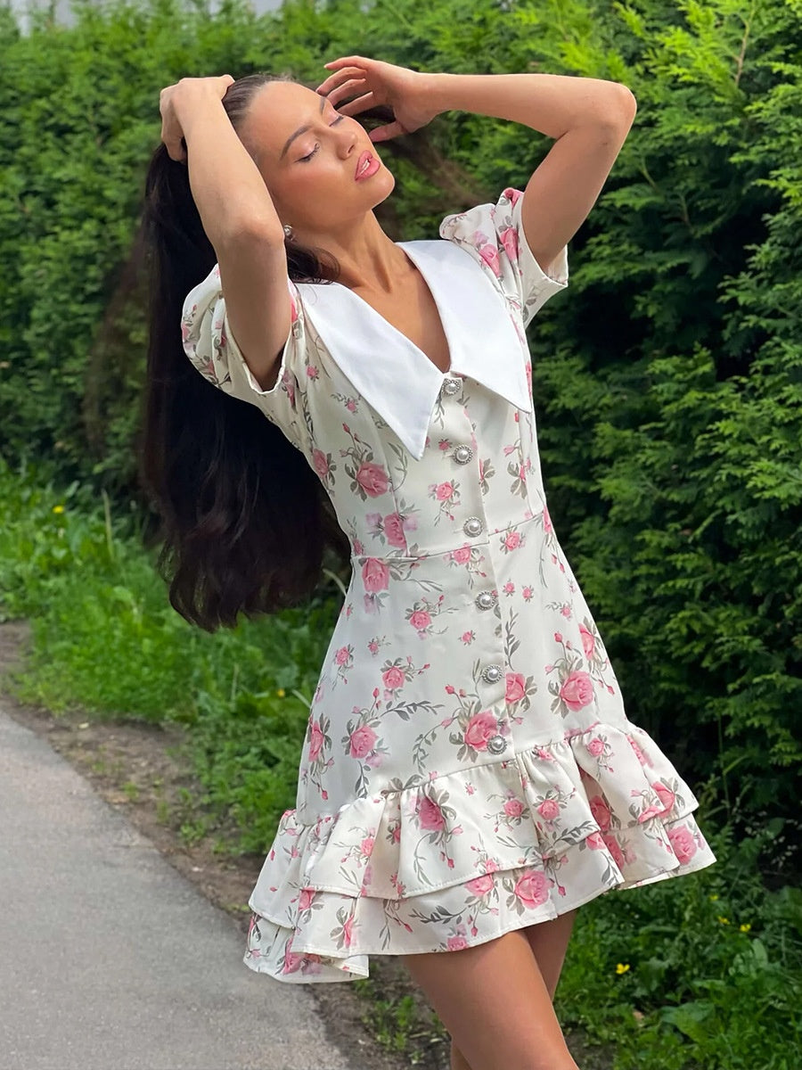Waist Printed Floral Lapel Puff Sleeve Sweet Mini&Short Dresses