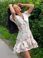 Waist Printed Floral Lapel Puff Sleeve Sweet Mini&Short Dresses