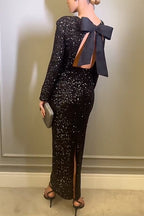 Bow Backless Sequin Bodycon Maxi Party Dress