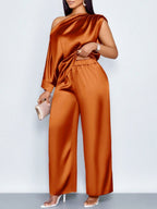Satin Sloping Shoulders Short Sleeve Jacket Wide-leg Pants Set 2-piece Sets