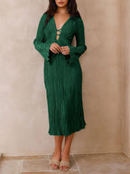 Lace-Up Plunging V-Neck Pleated Long Sleeve Empire Midi Dress