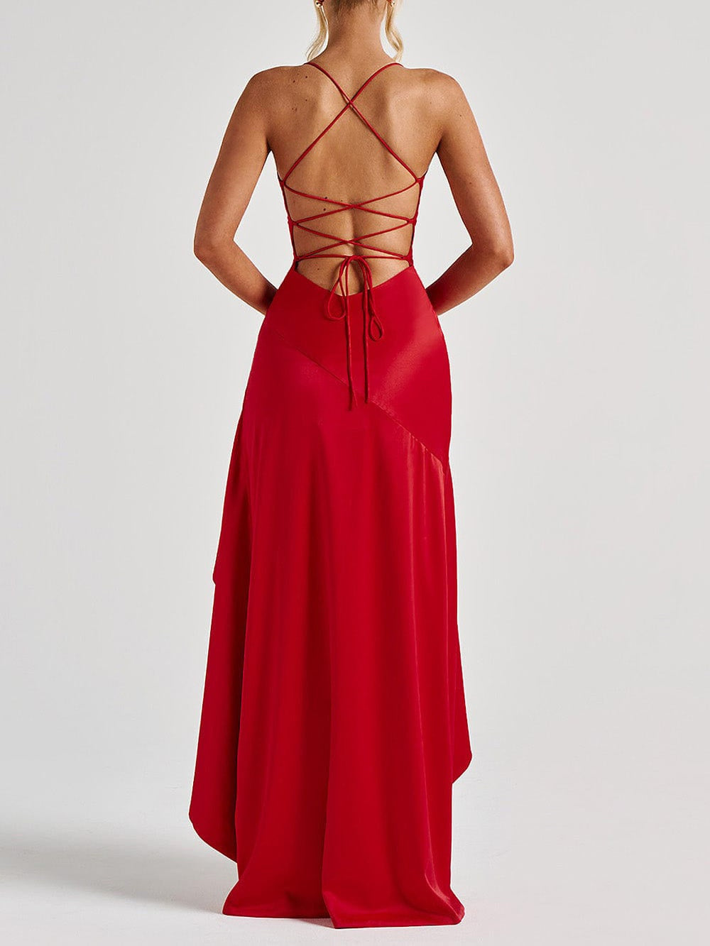 Spaghetti Strap Backless Ruffled Irregular Long Dress