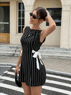 Stripes Sleeveless Reversible Bow Mini&Short Dresses