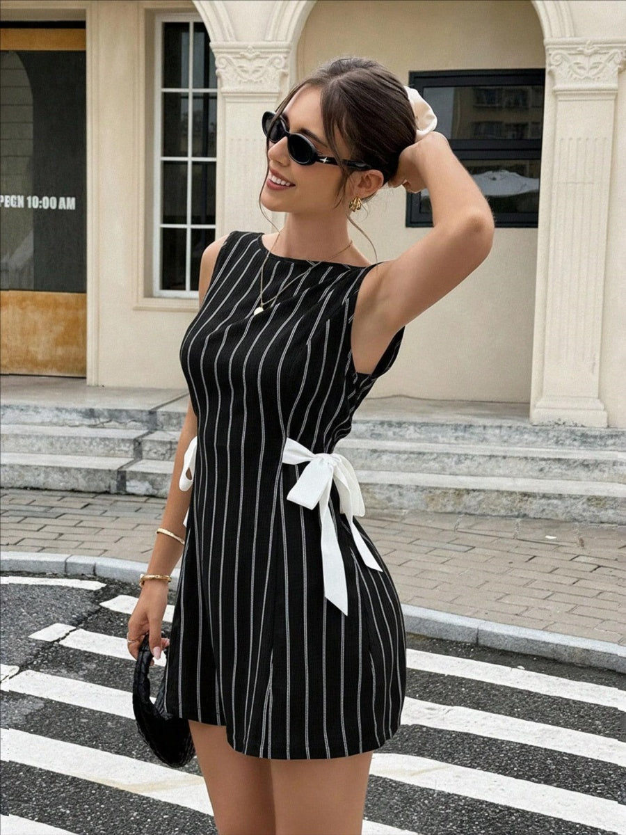 Stripes Sleeveless Reversible Bow Mini&Short Dresses