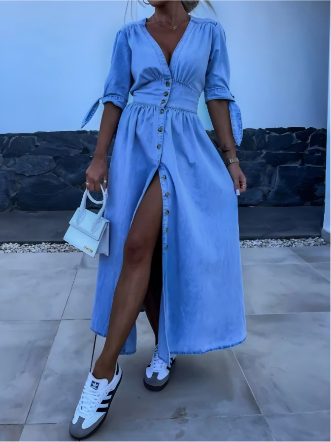 V-neck Short-sleeved Loose-fitting Denim Button-down Long Dress