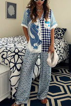 Short Sleeves Blouse Shirt Wide Leg Pants Color Block Unique Print Set