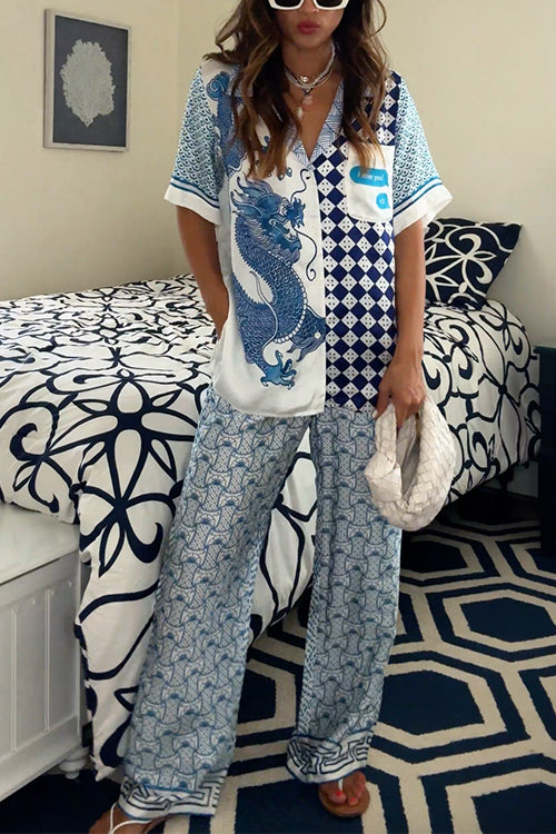 Short Sleeves Blouse Shirt Wide Leg Pants Color Block Unique Print Set