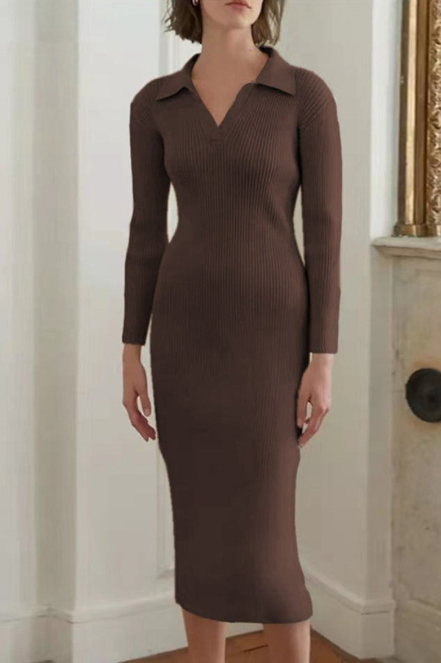 Polo Collar Ribbed Knit Deep V-Neck Long Sleeve Bodycon Midi Dress