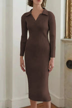 Polo Collar Ribbed Knit Deep V-Neck Long Sleeve Bodycon Midi Dress