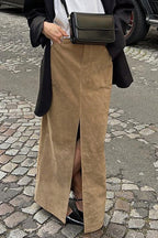 Vintage Suede Brown High Waist Split Midi Skirt