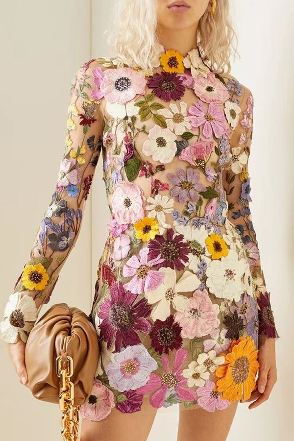 Mock Neck Long Sleeve Sheer Mesh 3D Floral Applique Mini Dress