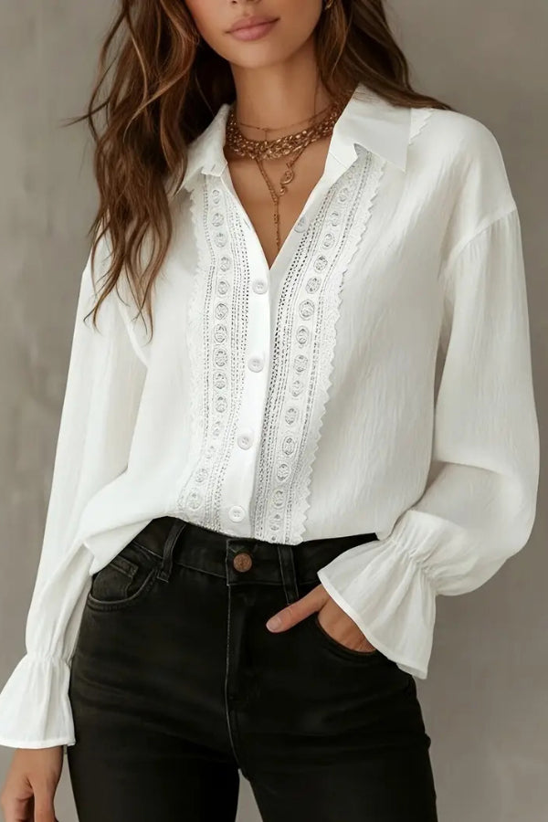 Solid Color Patchwork Lace Lapel Long-sleeved Button Casual Shirt