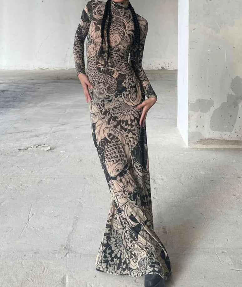 Koi Fish Chrysanthemum Graphic Print Turtleneck Long Sleeve Bodycon Maxi Dress