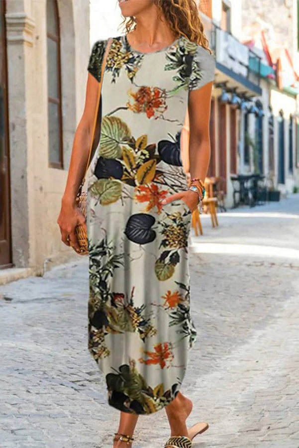 Ethnic Print Short Sleeve Pocket A-Line Maxi Dress