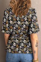 Floral Print V Neck Smocked Babydoll Blouse