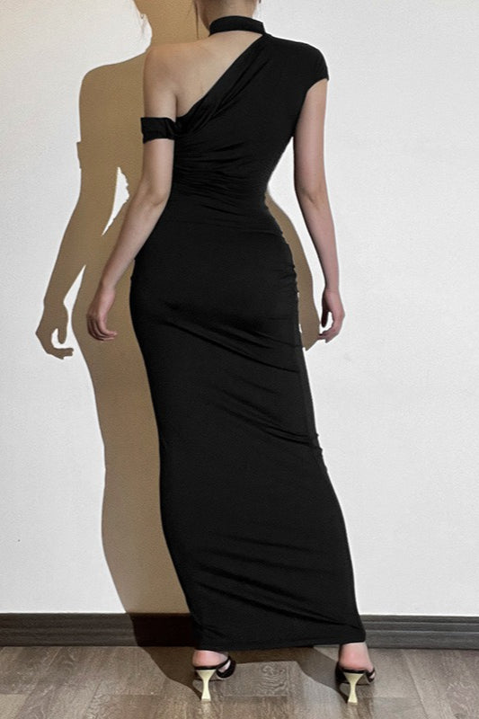 Velvet One Shoulder Choker Strap Cap Sleeve Bodycon Maxi Dress