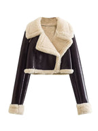 Teddy-lined Leather Lapel Neck Short Jacket