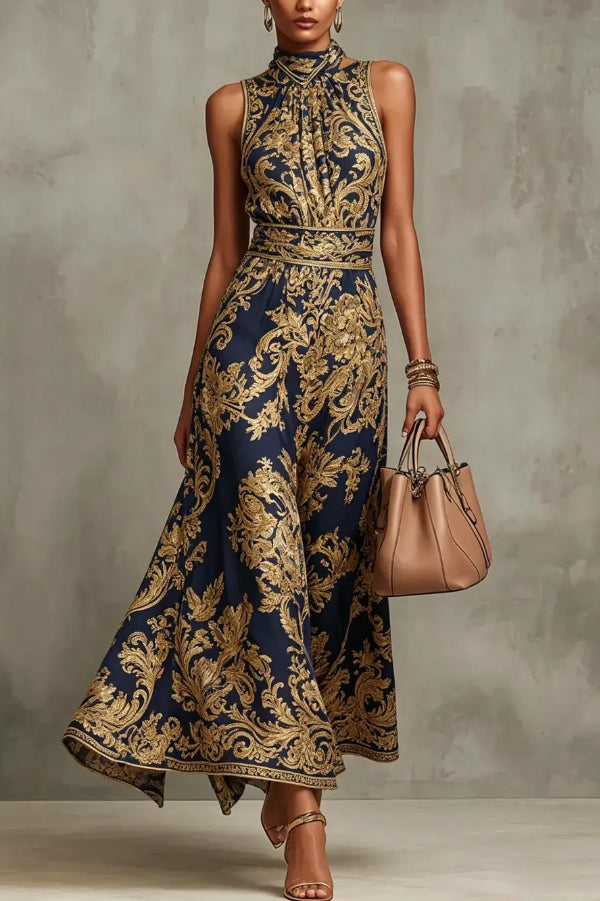Vintage Gold Embroidered Long Dress