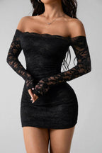 Lace Off Shoulder Long Sleeve Scalloped Trim Bodycon Mini Dress