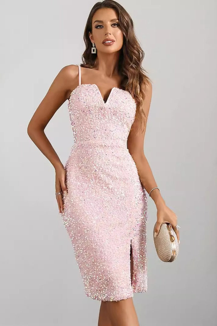 Sweetheart Spaghetti Strap Sequin Side Slit Bodycon Midi Dress