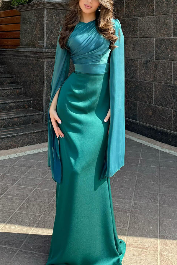 Satin Ruched High Neck Bell Sleeve Slit Mermaid Maxi Gown