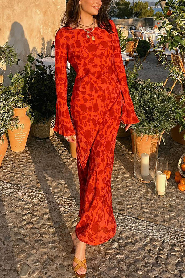 Floral Print Scoop Neck Bell Sleeve Bias Cut Maxi Dress