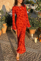 Floral Print Scoop Neck Bell Sleeve Bias Cut Maxi Dress