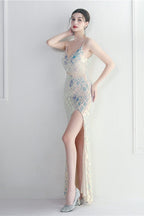 Iridescent Sequin Slit Bodycon Maxi Dress