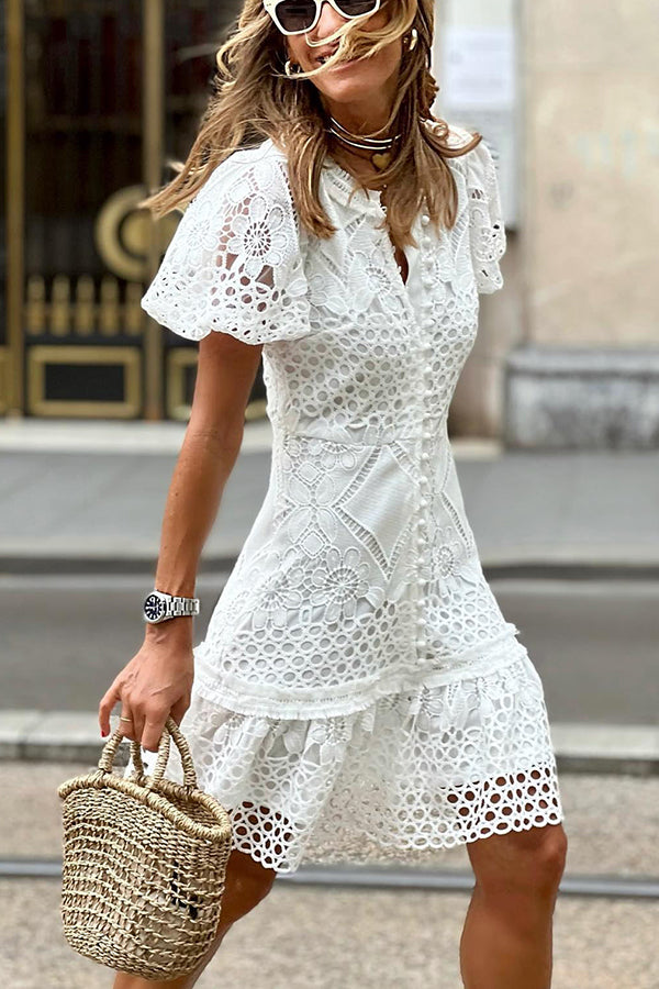 Crochet Lace Collar Button Down Flutter Sleeve Tiered Mini Dress