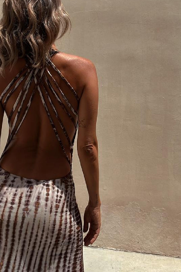 Tie Dye Print Halter Strappy Back Bodycon Maxi Dress